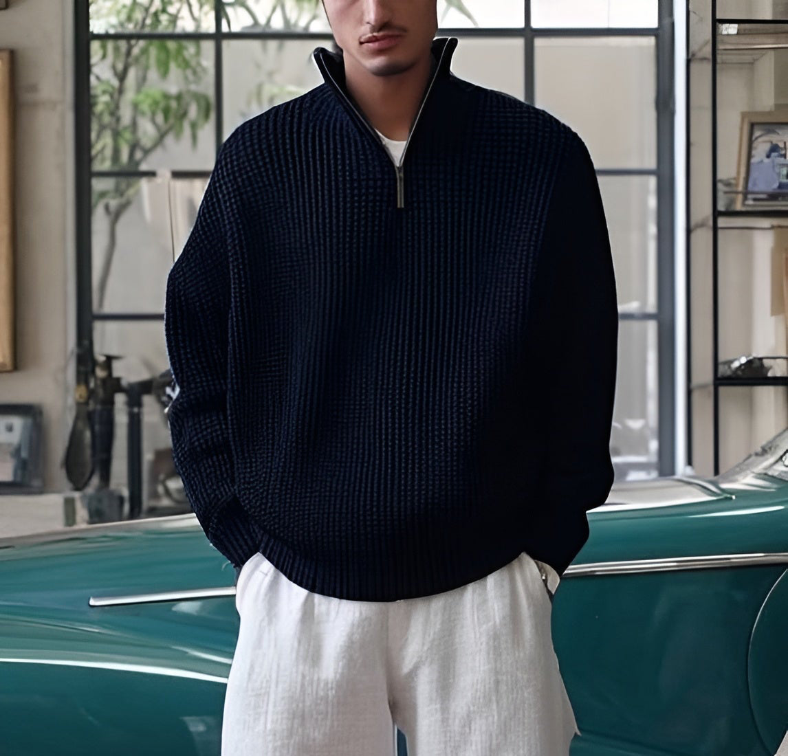 Navy knitted quarter zip