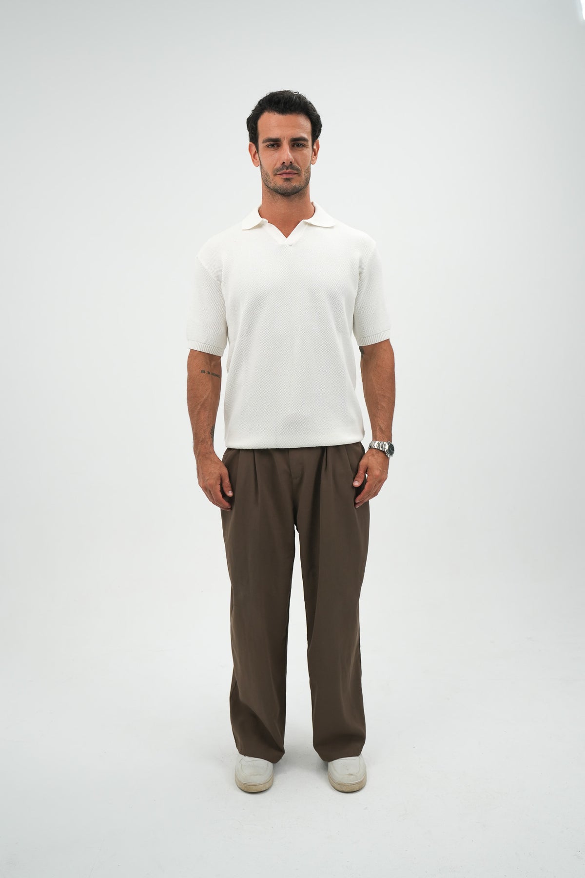 White Open Collar knitted Polo