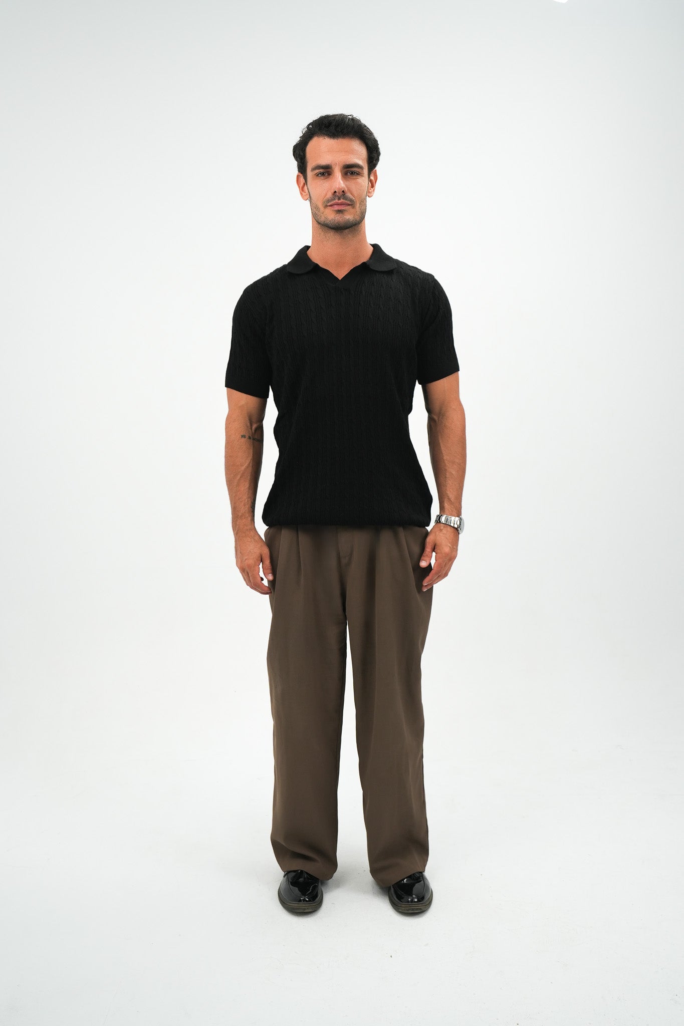 Black Cable Knit Polo