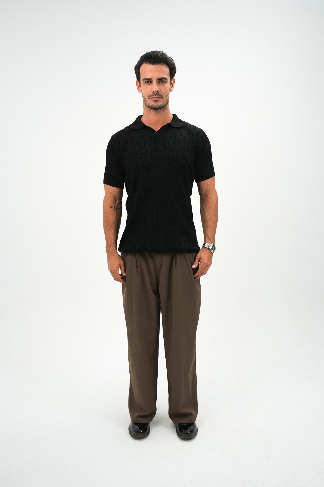 Black Cable Knit Polo