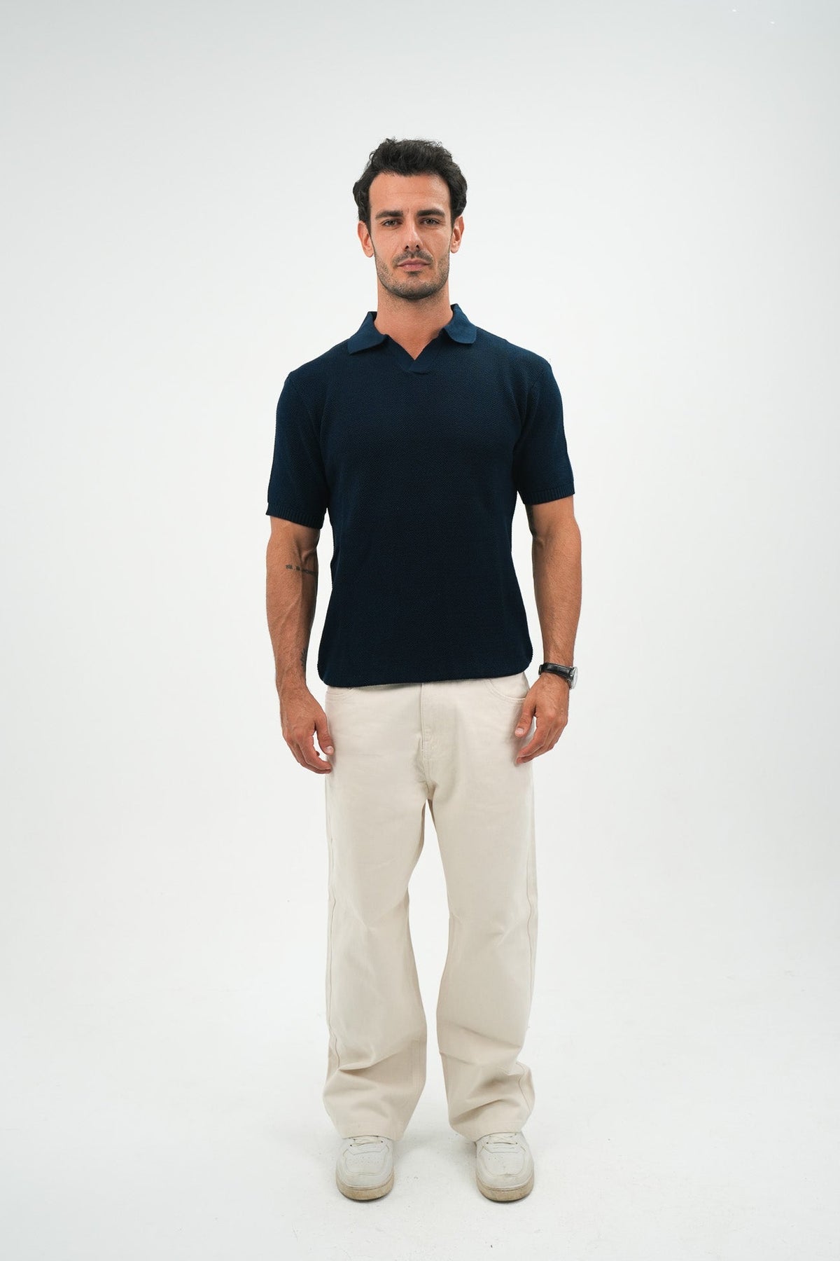 Navy Open Collar knitted Polo