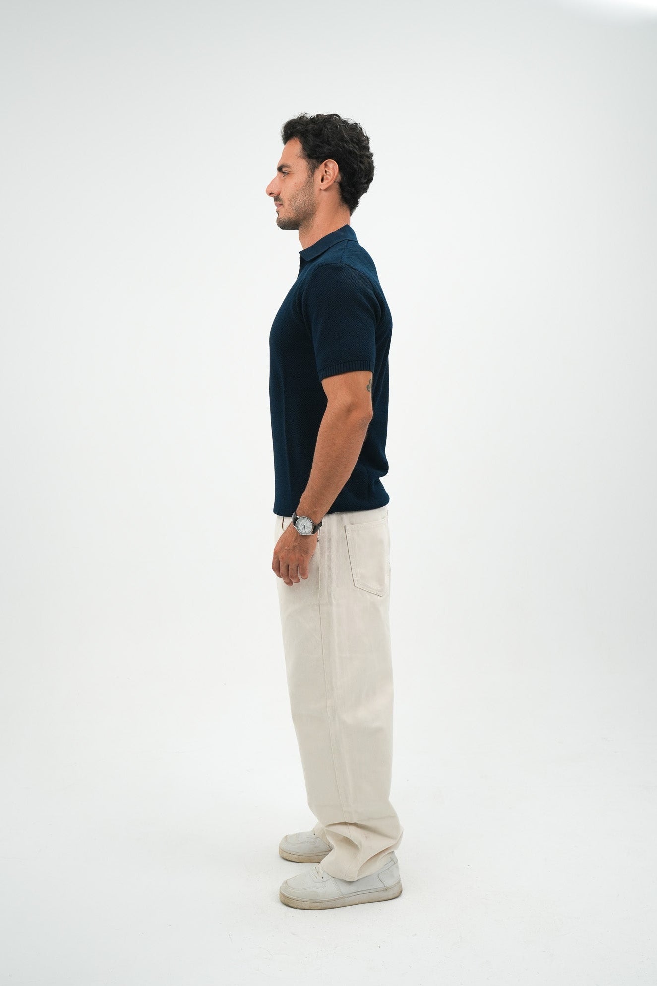 Navy Open Collar knitted Polo