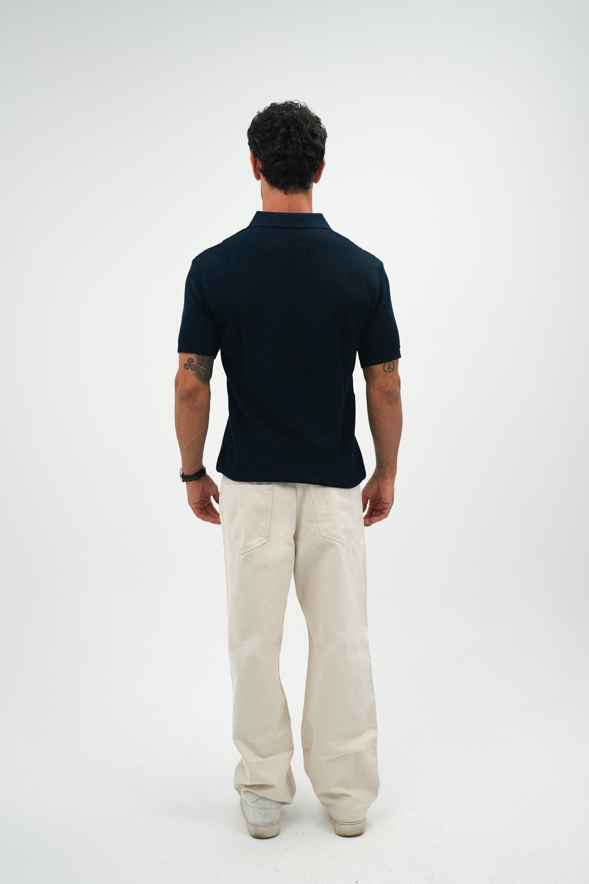 Navy Open Collar knitted Polo