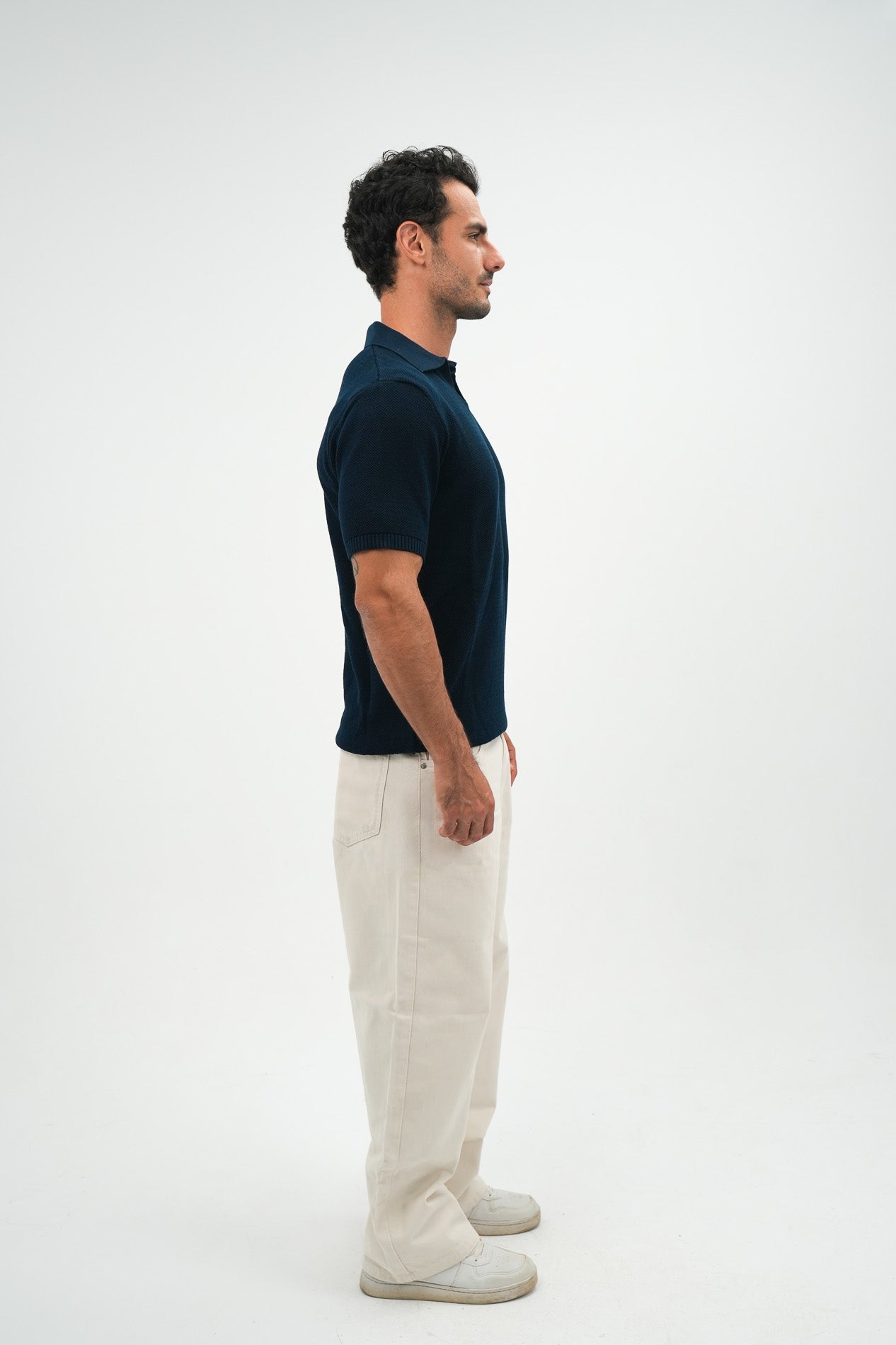 Navy Open Collar knitted Polo