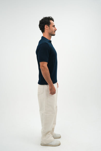 Navy Open Collar knitted Polo