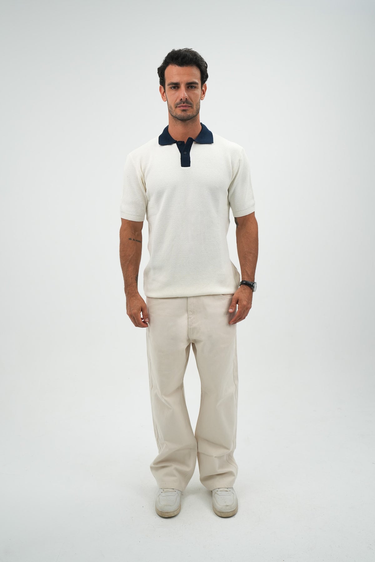 Navy on white knitted polo