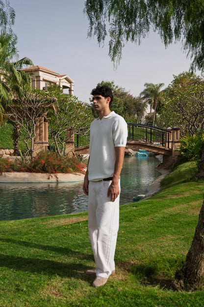 White Open Collar knitted Polo