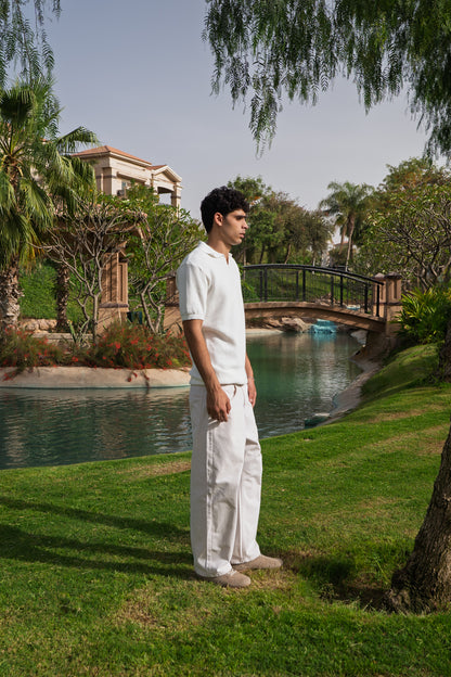 White Open Collar knitted Polo