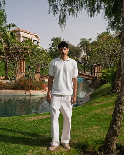 White Open Collar knitted Polo