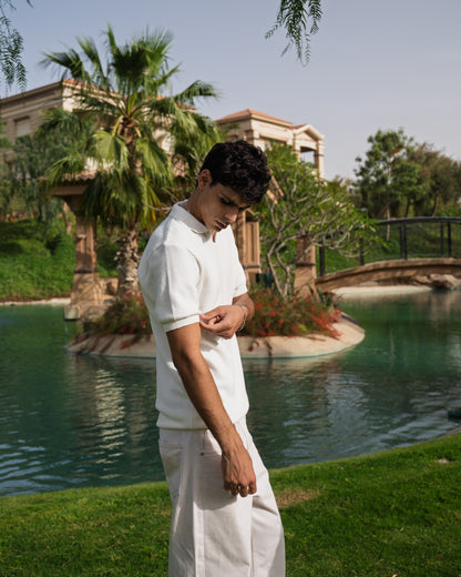 White Open Collar knitted Polo