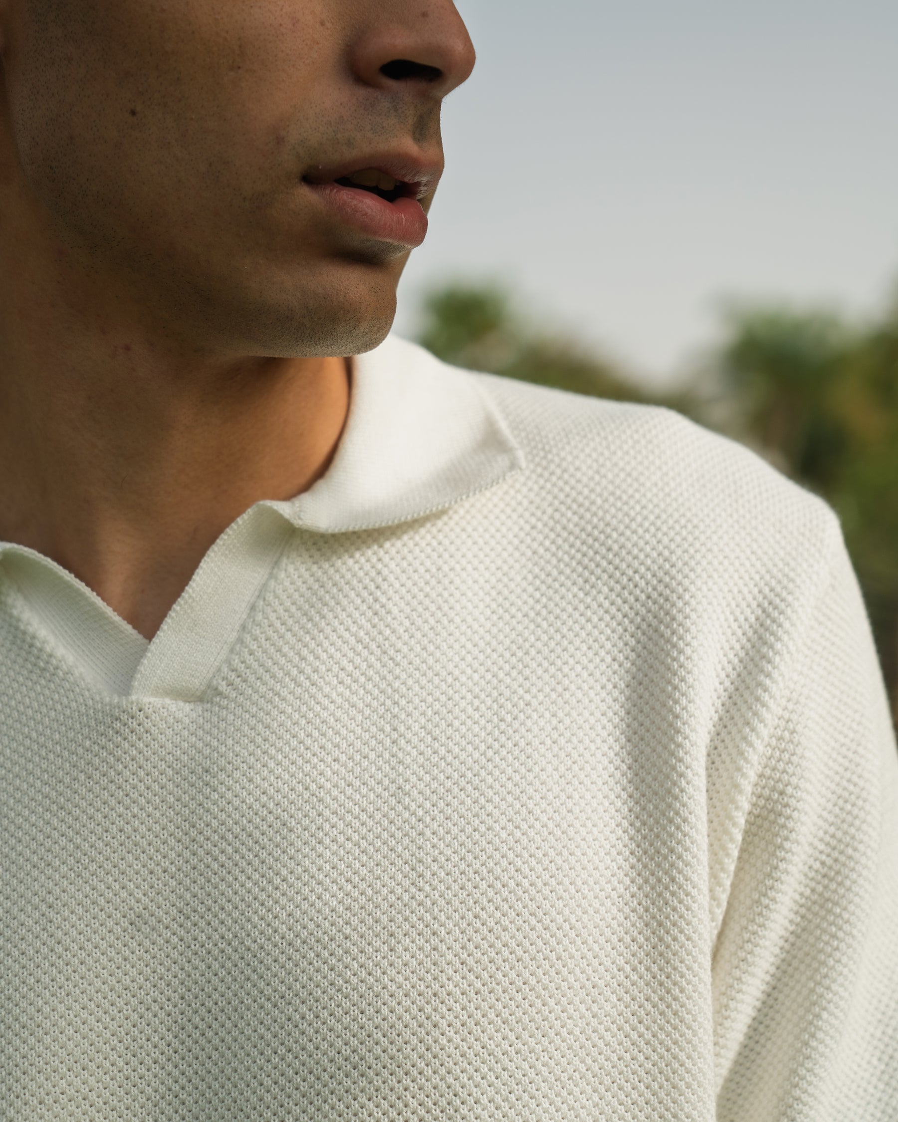White Open Collar knitted Polo