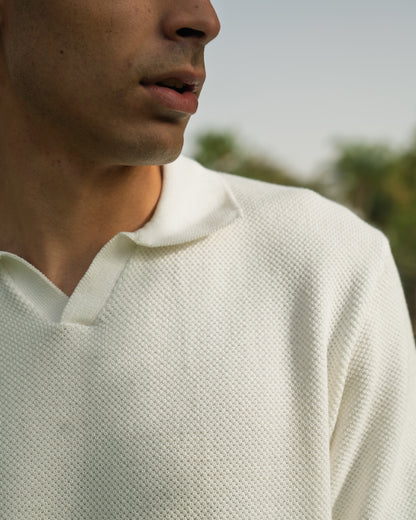 White Open Collar knitted Polo