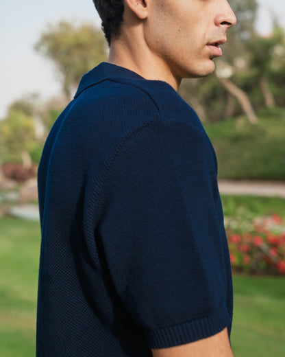 Navy Open Collar knitted Polo