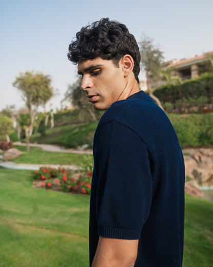 Navy Open Collar knitted Polo