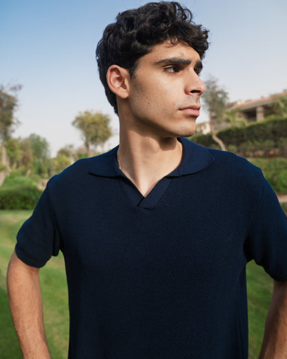 Navy Open Collar knitted Polo